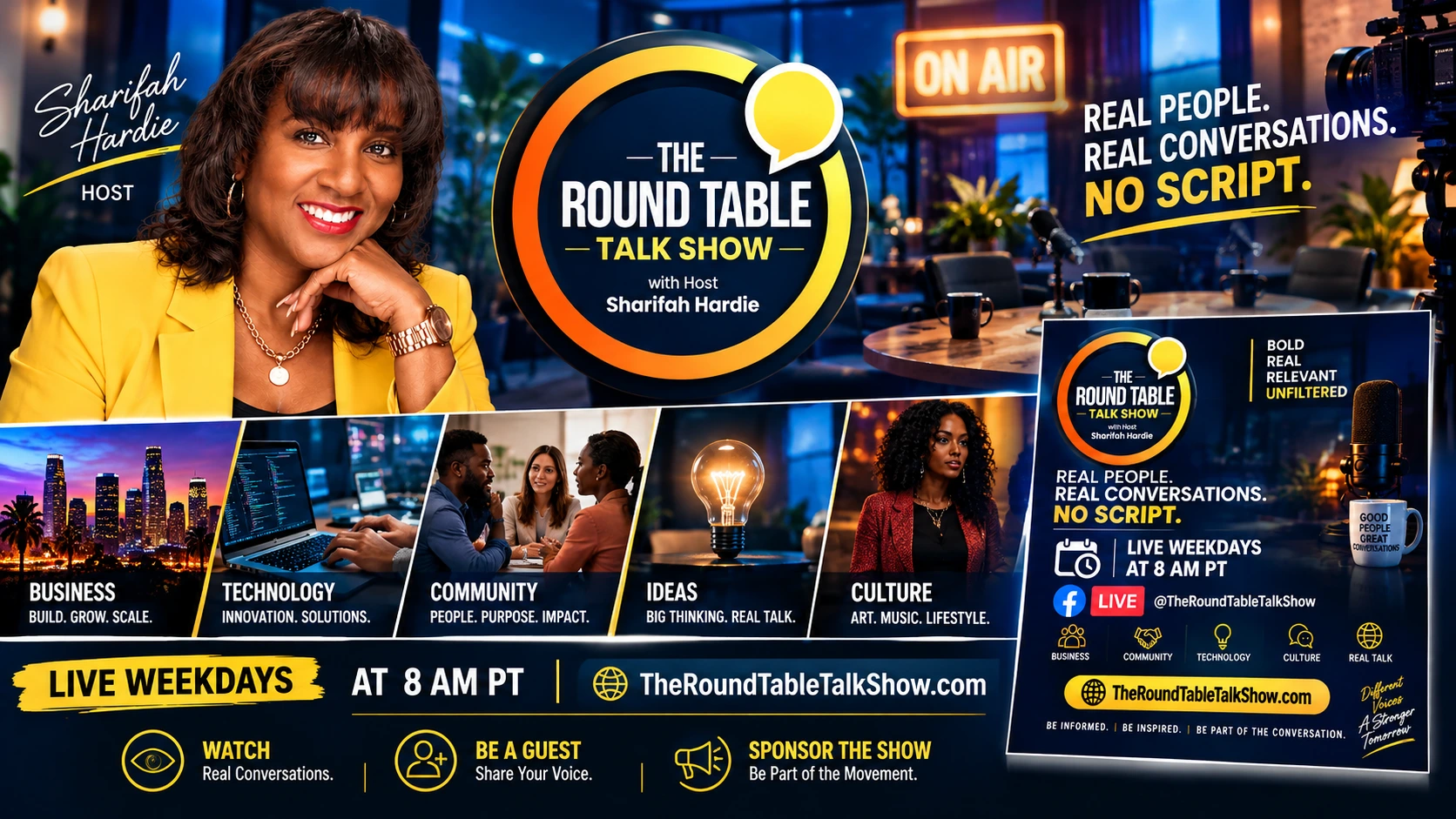 The Round Table Talk Show with Sharifah Hardie. Real people. Real conversations. No script. Live weekdays at 8 AM Pacific.